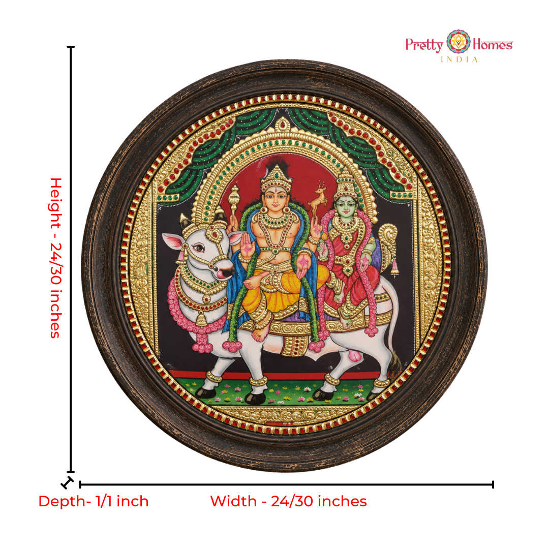 Round Lord Shiva & Parvati on Nandi – Tanjore Painting