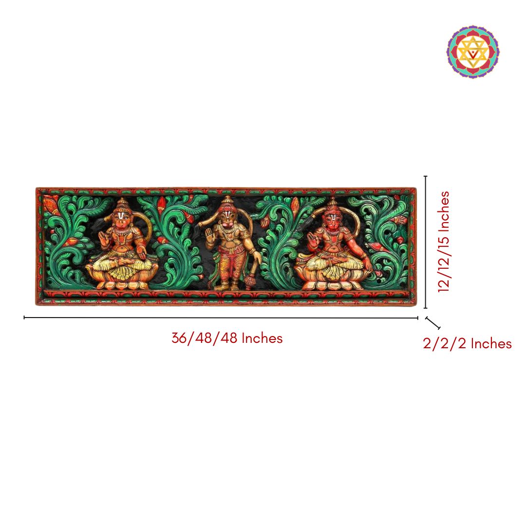 Decorative wall art with three figures in a decorative frame, showing dimensions on a white background. - Size reference of multiform Hanuman horizontal panel

