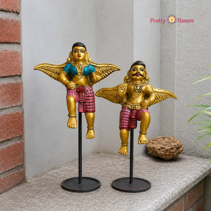 Mounted Pair of Celestial Gandharva Teakwood Statues (Pair)