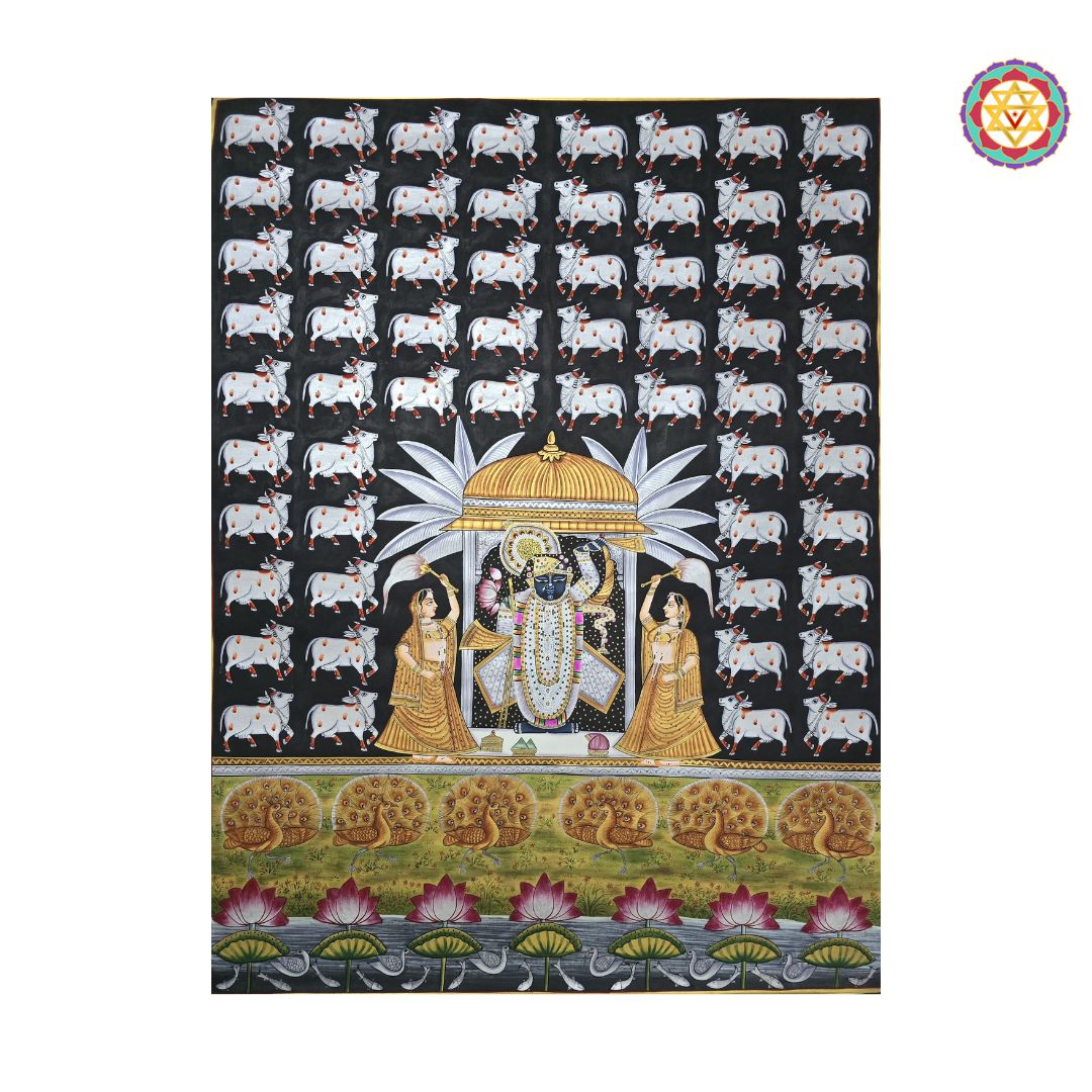 close-up of shrinathji with cows and gopikas in pichwai artwork