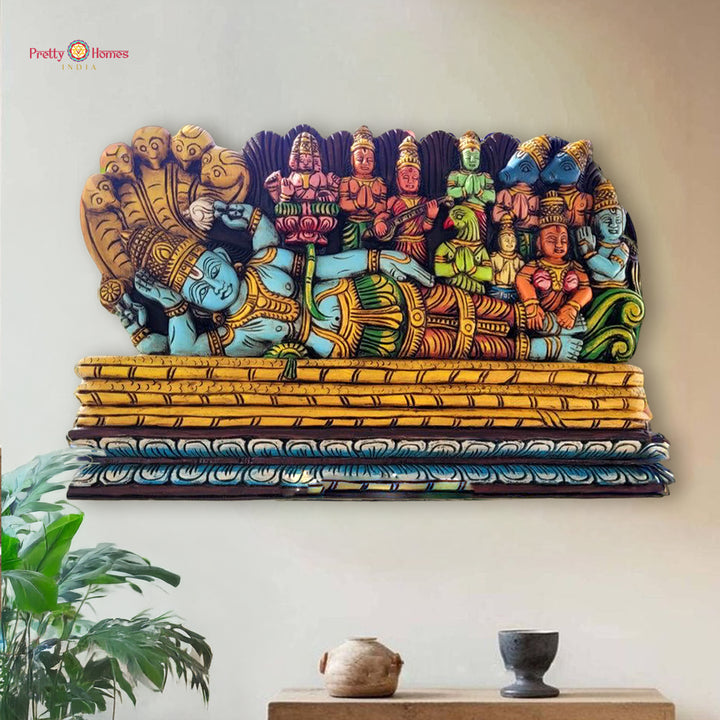 Hand-carved Ananthashayanam Vishnu horizontal wall panel with temple-style artistry