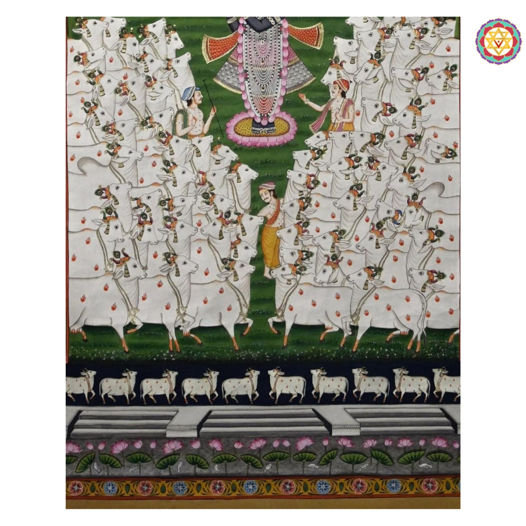 Shreenathji with white cows in a pichwai painting of Rajasthan, celebrating the Gopashtami festival.