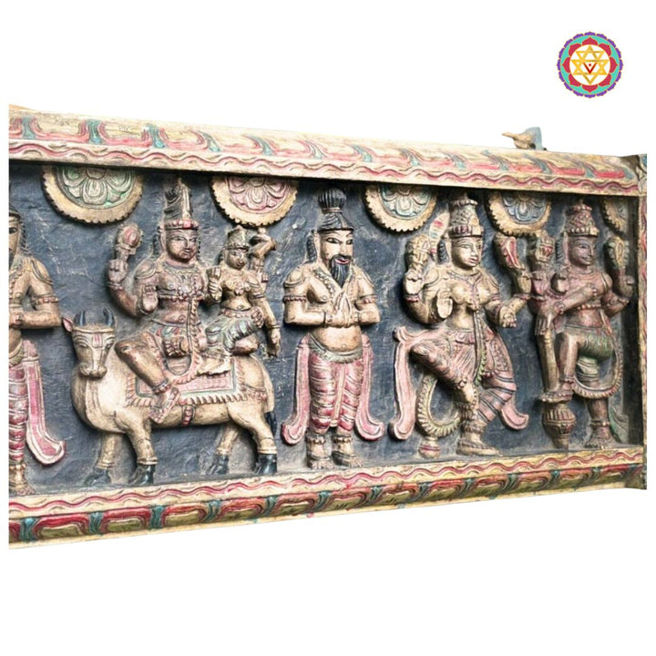 Vintage style One-of-a-Kind Horizontal Shiva Parvati Panel – Seated on Nandi with Divine Assembly