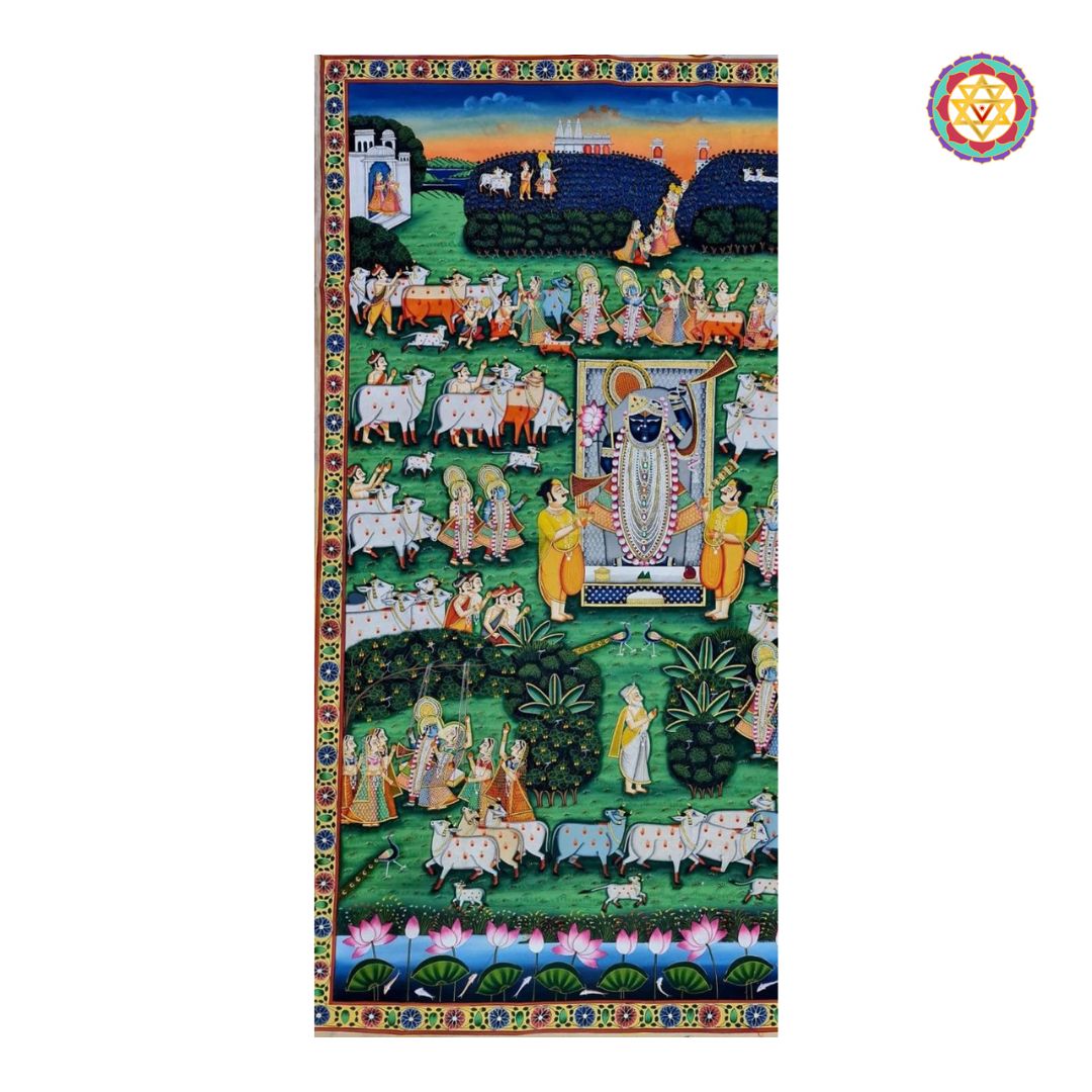 Hand-painted pichwai with Srinathji, divine figures, and lush fields, inspired by Rajasthan.