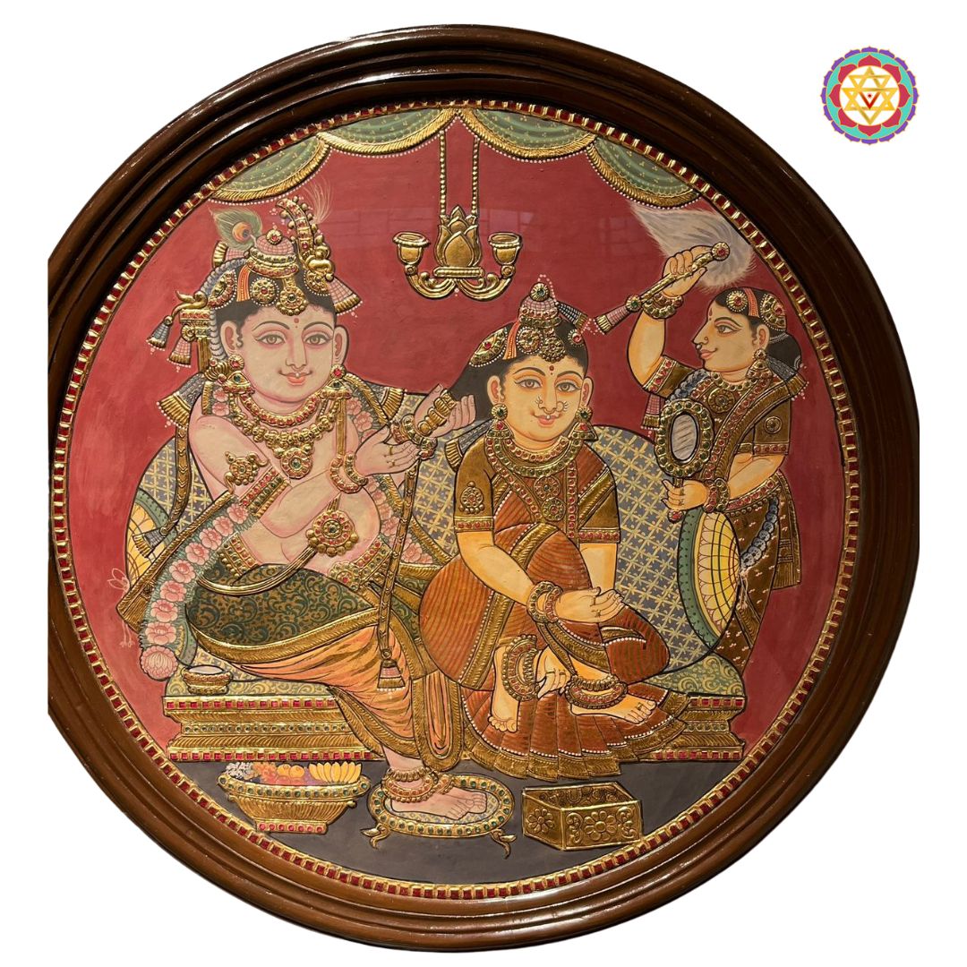 close-up of tanjore krishna braiding radha hair showing gold foil detailing and textured pigments