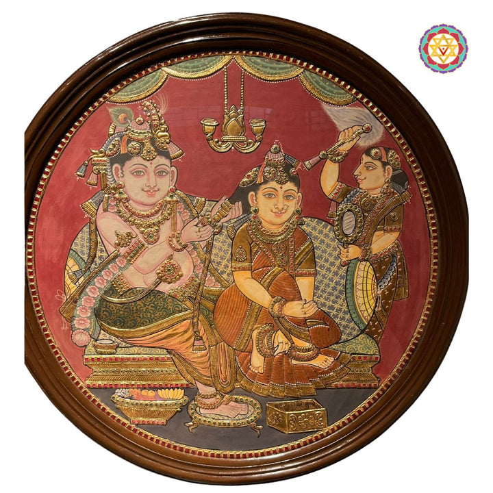 Vintage style Round Handmade Tanjore – Krishna Braiding Radha’s Hair | 24K Gold &amp; Teakwood Frame