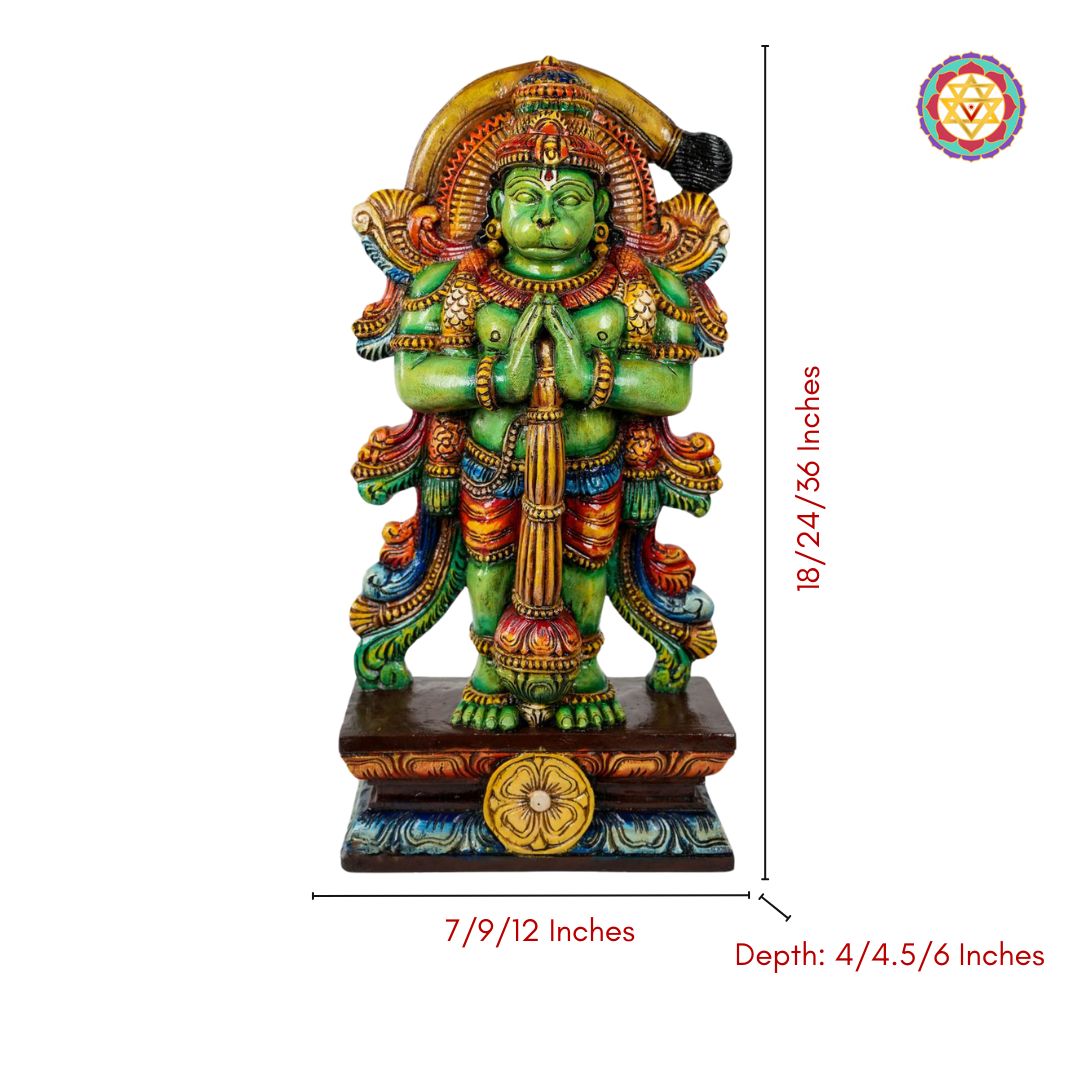 lord hanuman statue displayed on wooden base reflecting indian artistry