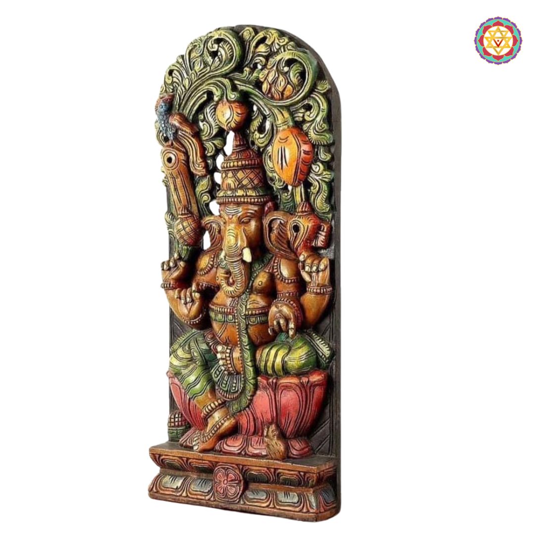 Full frontal display of Ganesha wooden sculpture — antique gold brown finish, devotional Indian temple art