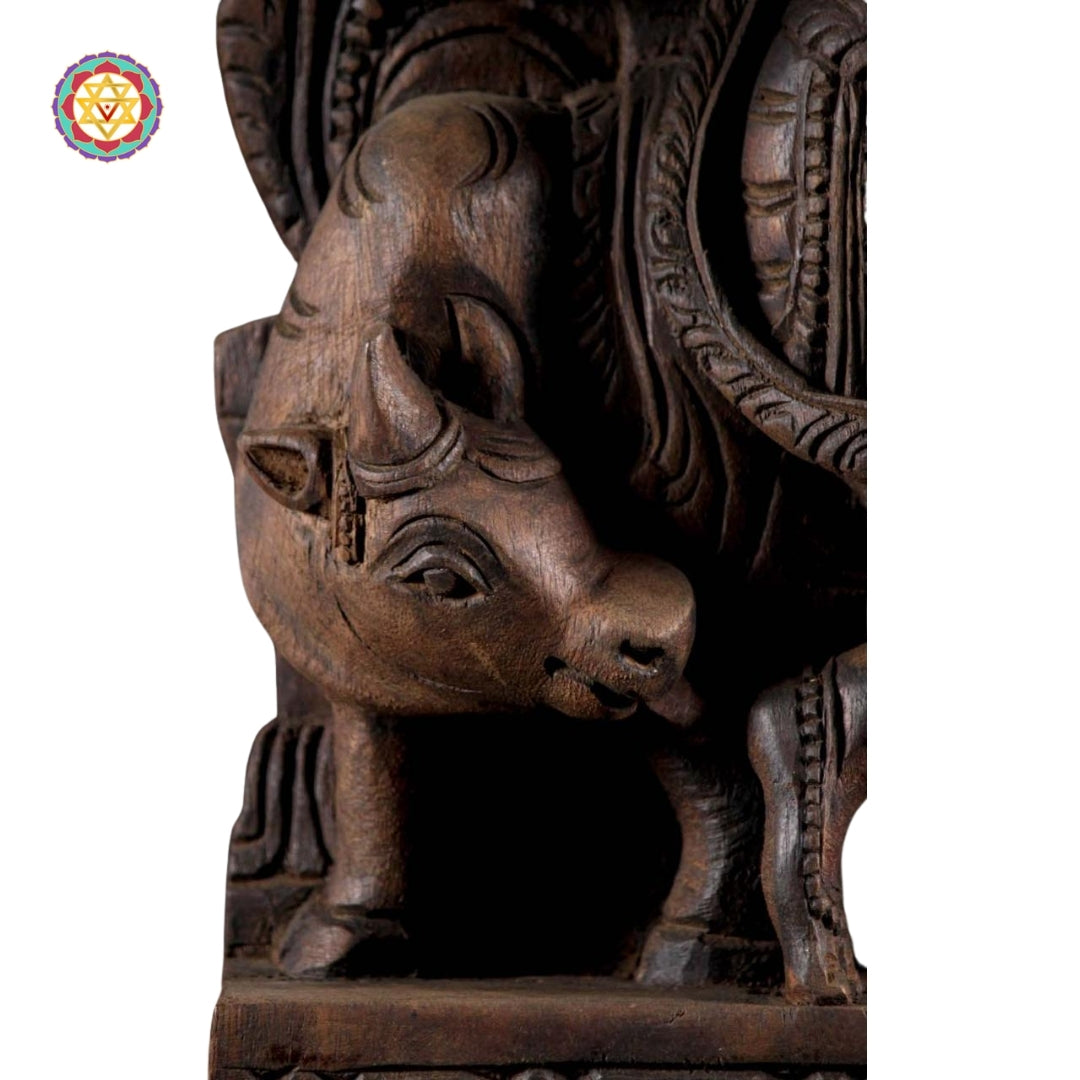 Wooden Hand Carved Lord Krishna Standing under  Cow Statue .Stand alone /wall hanging