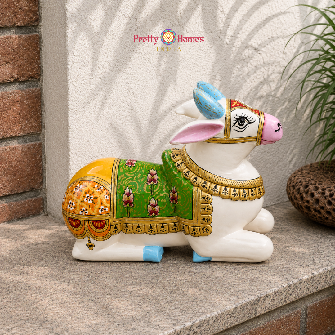 Handpainted Wooden White Nandi with Green & Yellow Floral Motifs