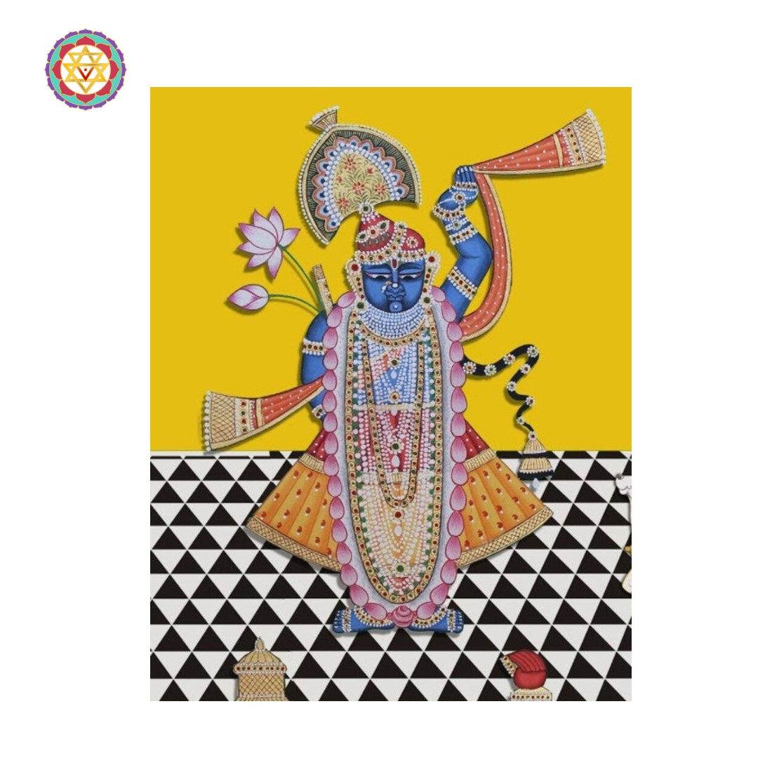 Traditional Pichwai artwork incorporating symbolic cows, peacocks, and lotus flowers