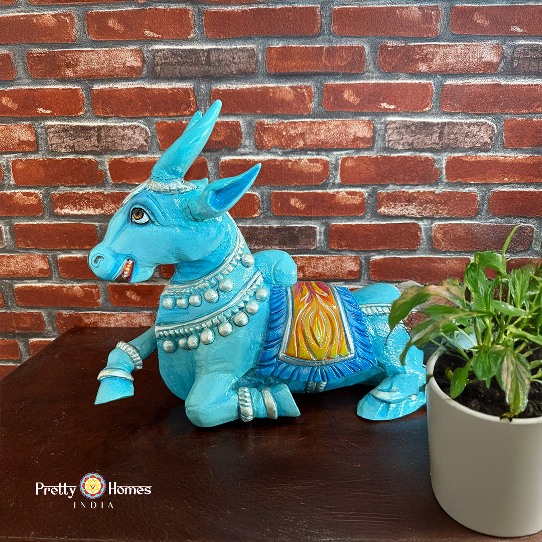 18” Blue Handpainted Woodcarved Nandi – Intricately Detailed Decorative Sculpture