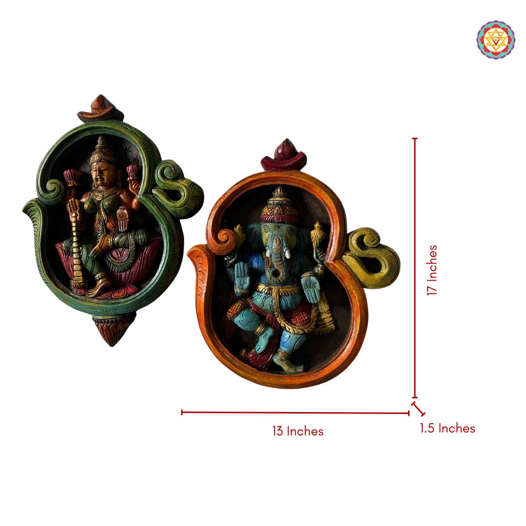woodcarved exclusive om shaped Dhanlaxmi and blessing Ganesha wall frames-set of 2