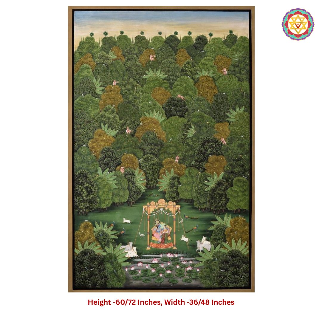 large handpainted pichwai krishna radha on swing in forest room-styled image showing artwork displayed in interior décor setting