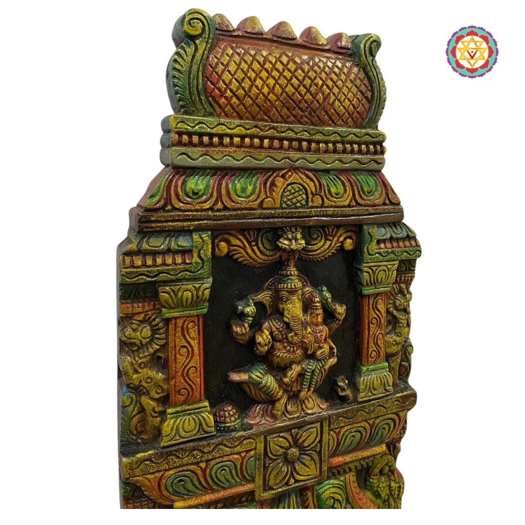 Woodcarved Ganesha and Laxmi Kavadi Panel.Temple Gopuram style wall hanging