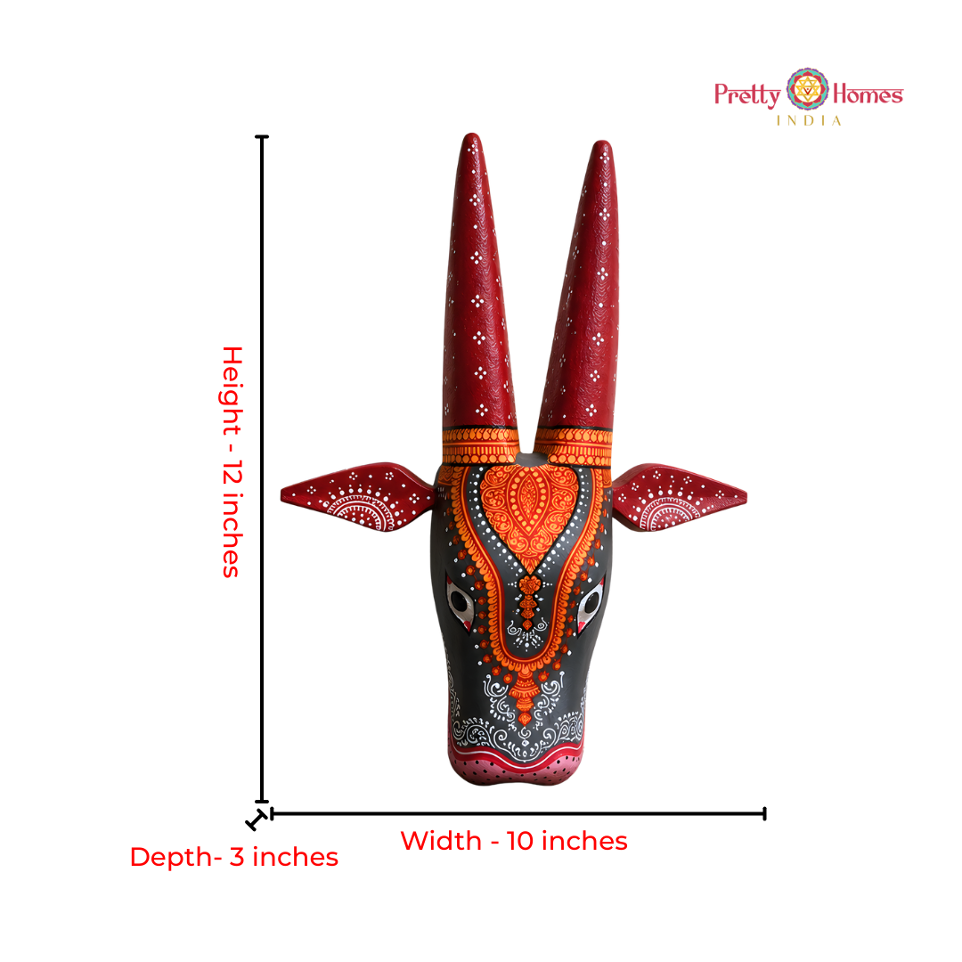 Orange & Red Hand-Painted Cow Head with Geometric Designs