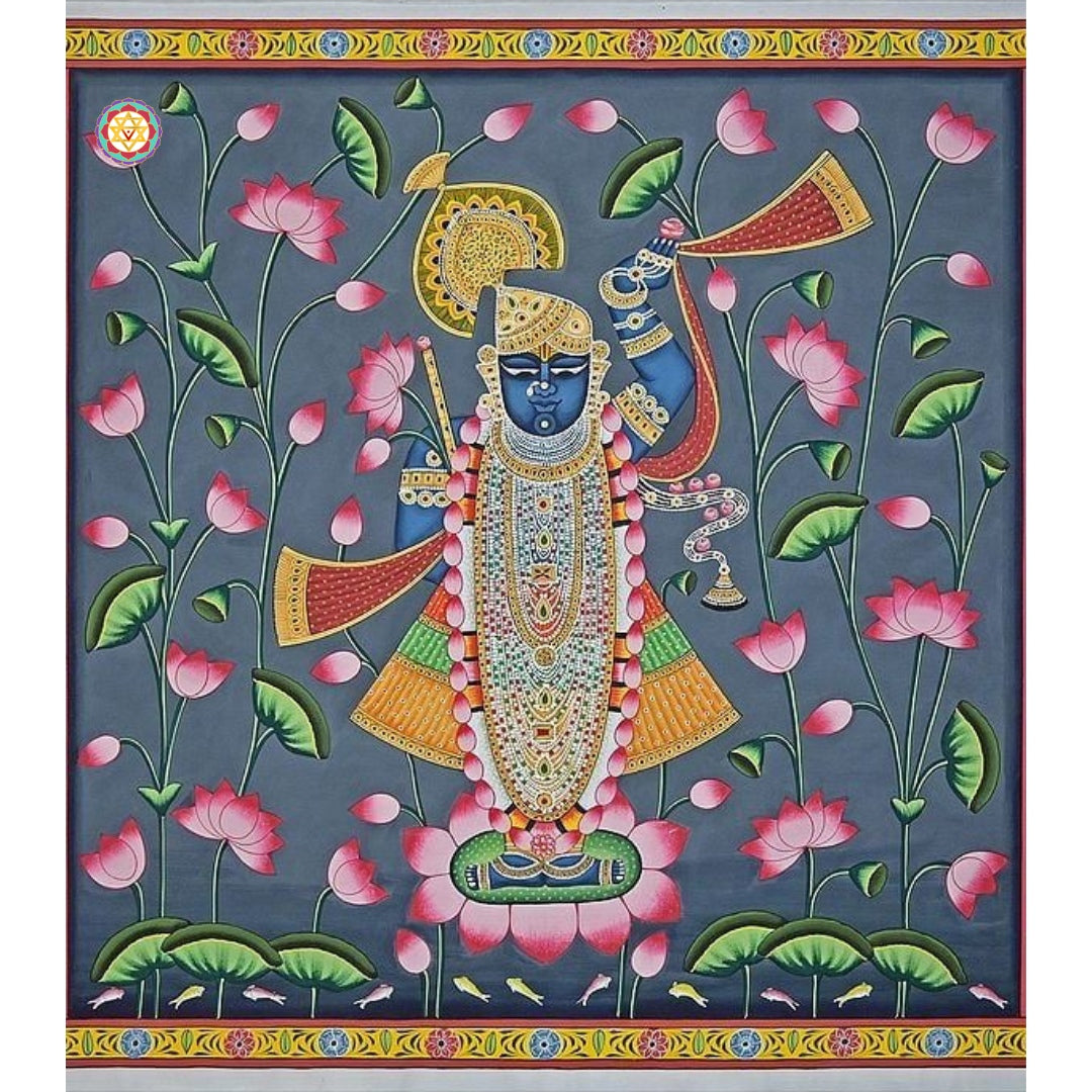 Close-up of Shrinathji Pichwai — intricate handwork with natural pigments and antique gold finish highlights