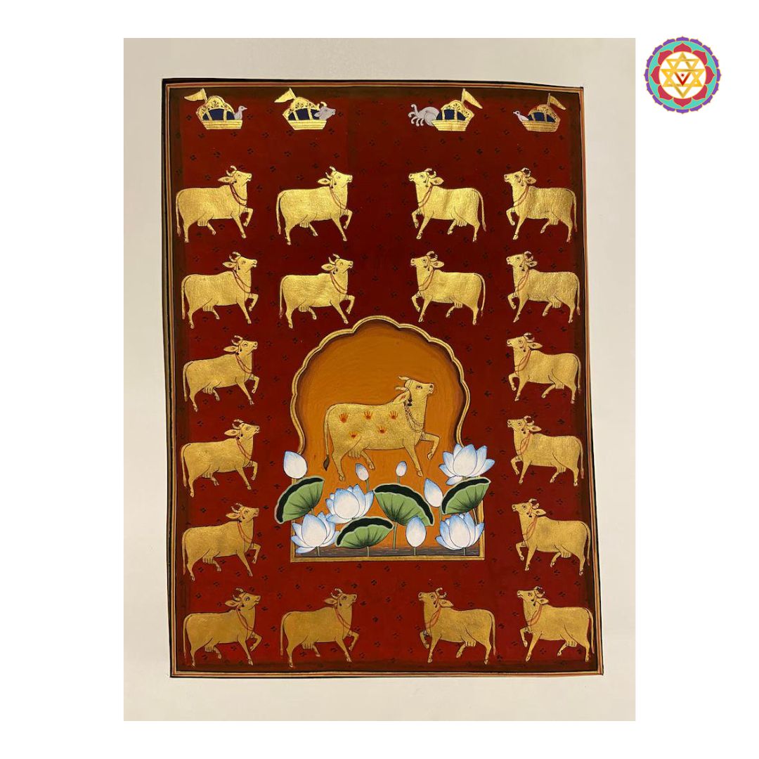 golden pichwai painting featuring cows and lotuses, hand-painted with antique finish and intricate gold detailing