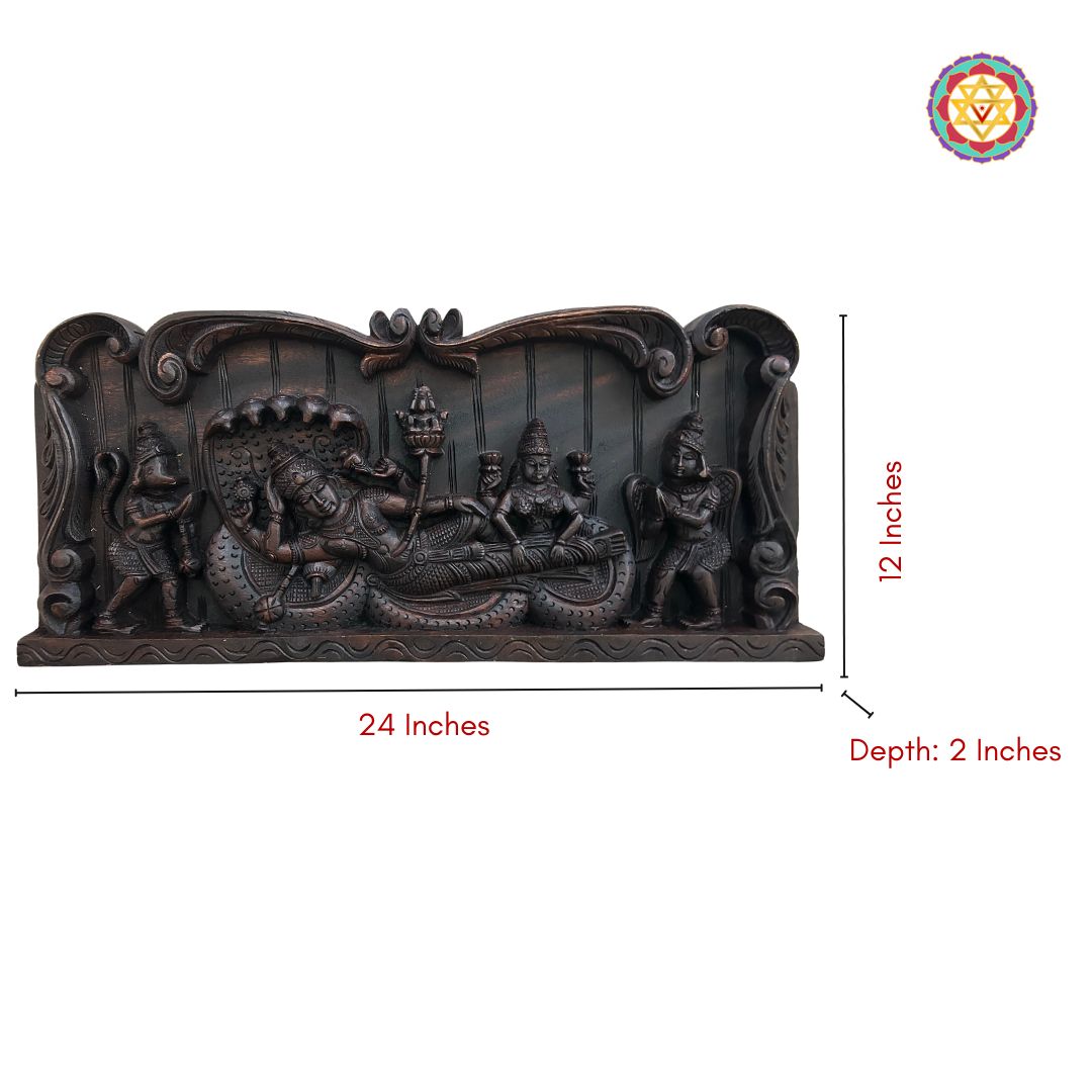 Measurement view of 24-inch wide wooden wall carving - Vishnu in Ananta Shayana with Lakshmi