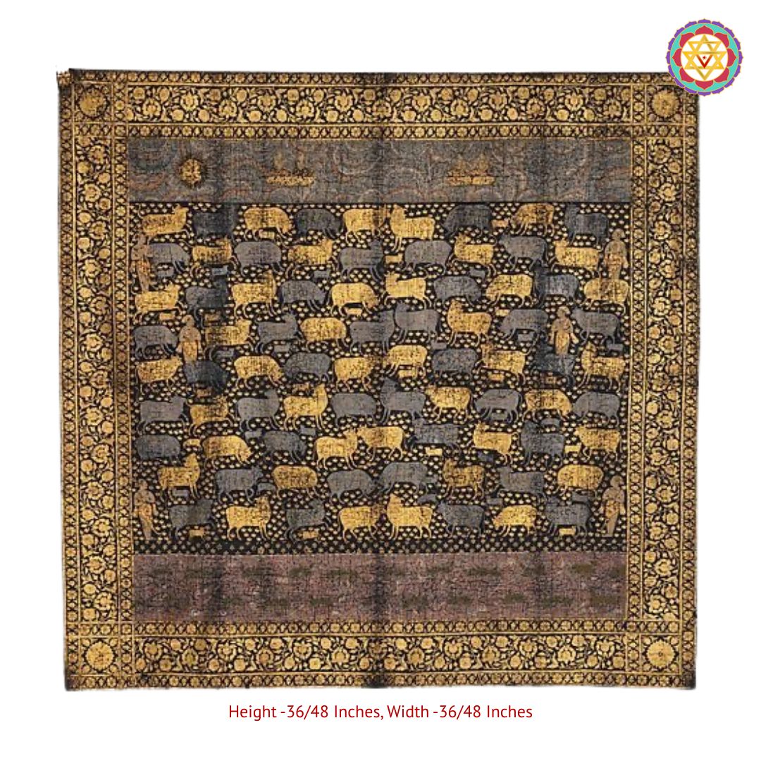 handpainted antique finish pichwai flute krishna with gopikas and cows full composition of Krishna playing flute with gopikas and cows