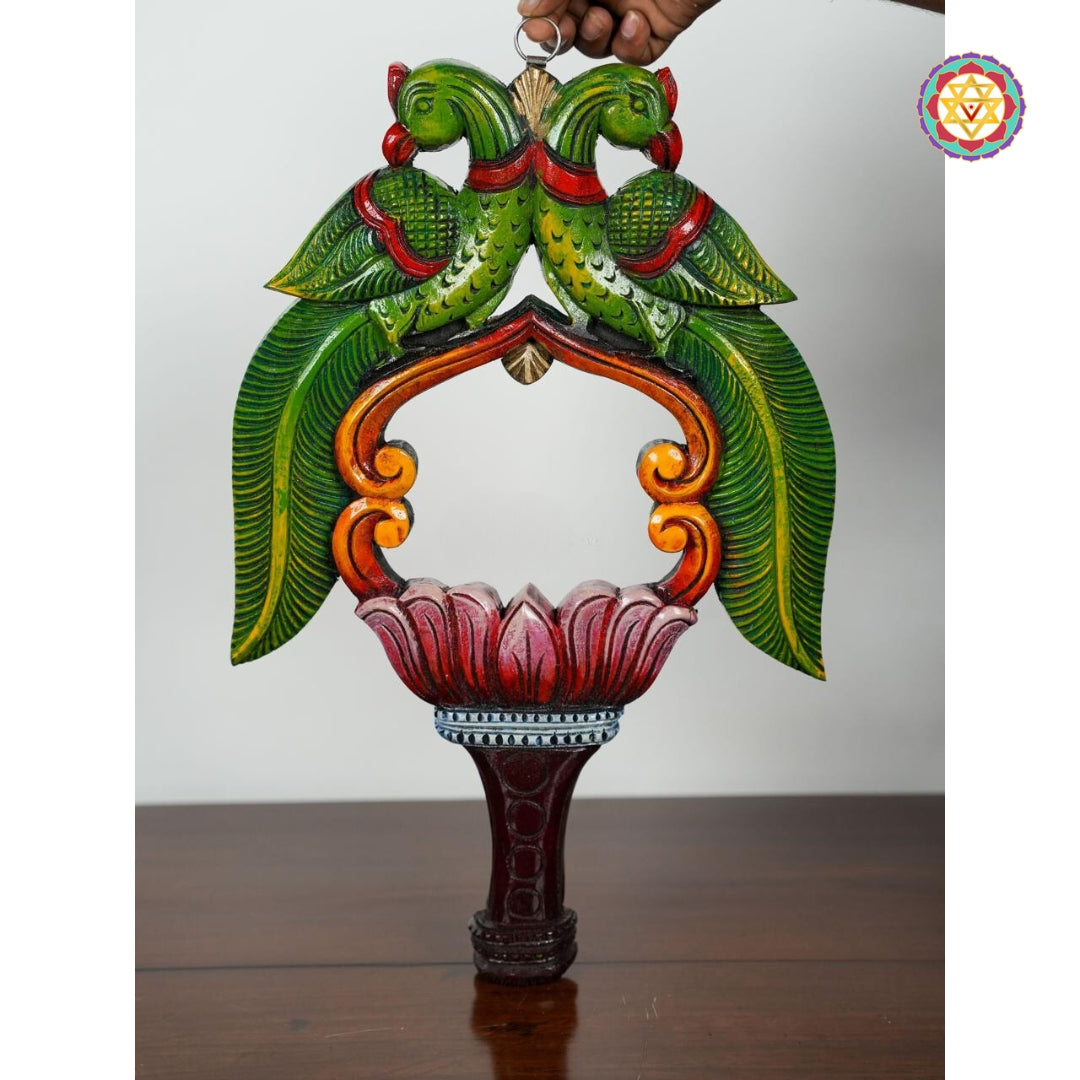 Handcarved mahogany wall mirror with twin parrots