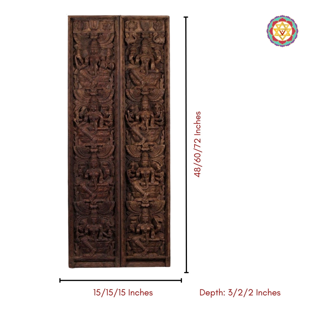 Detailed carvings of individual Lakshmi forms in panel with measurements 