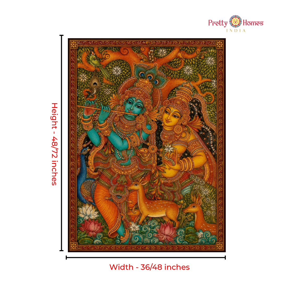 Kerela mural handpainting-Flute Krishna & Radha – Amongst Nature