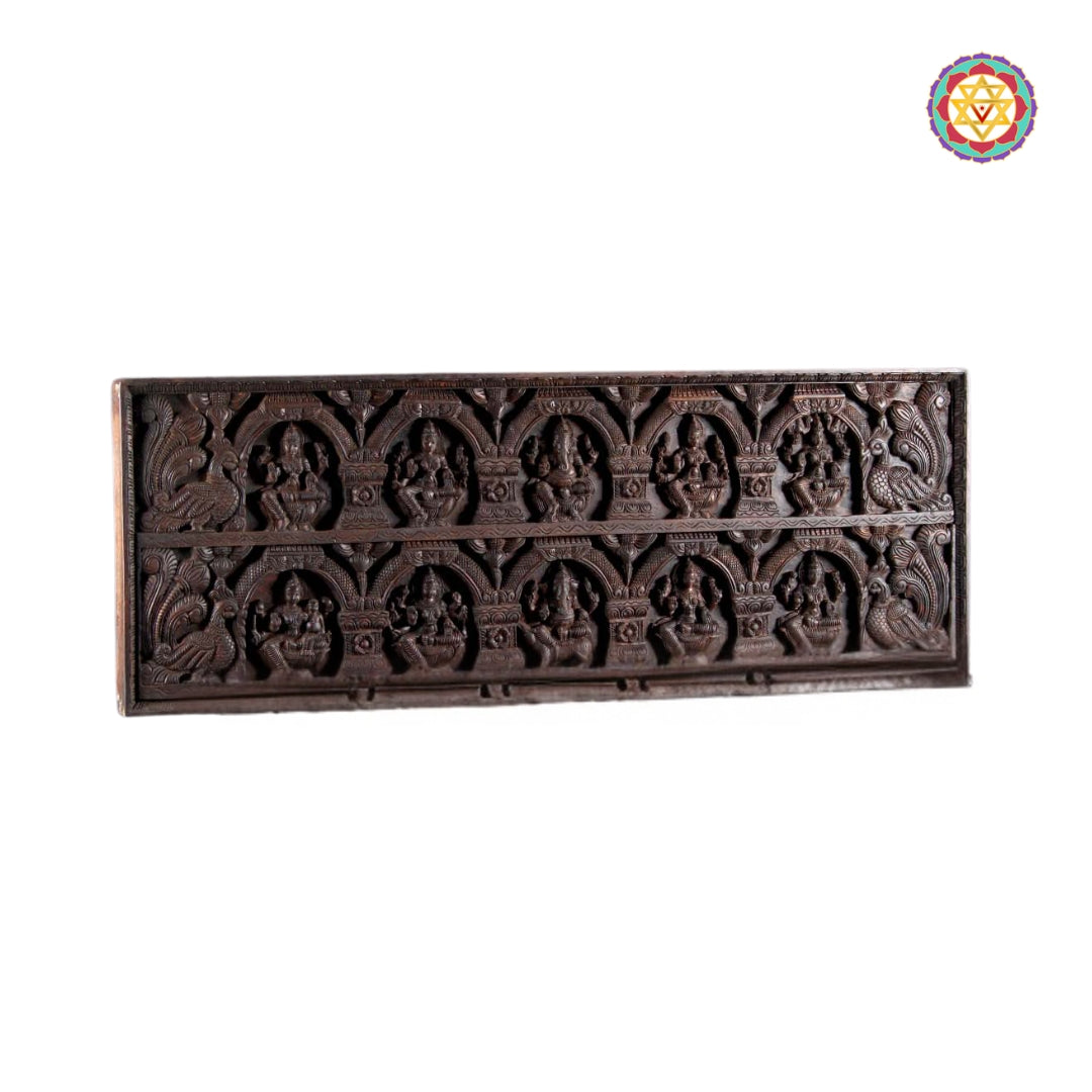 72” Large Handcrafted Wooden Ashta Ganesha & Ashta Lakshmi Panel – Traditional Design