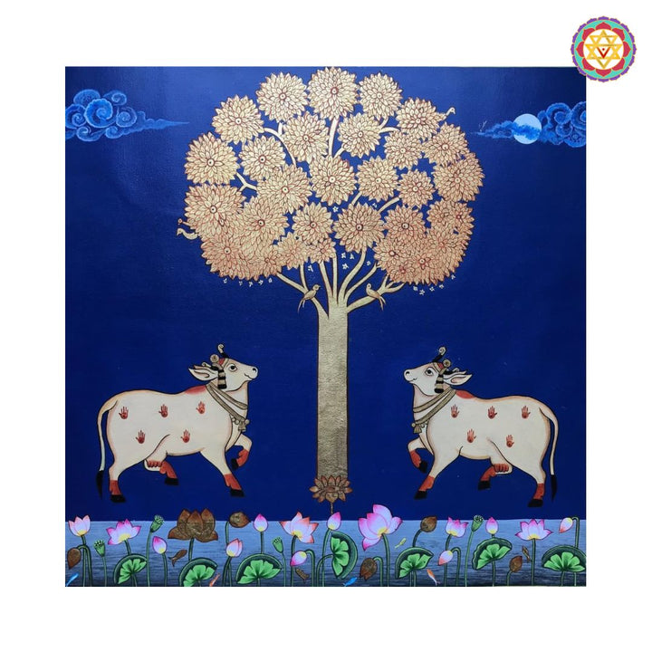 Hand-Painted Pichwai – Cows under the Golden Tree of Life