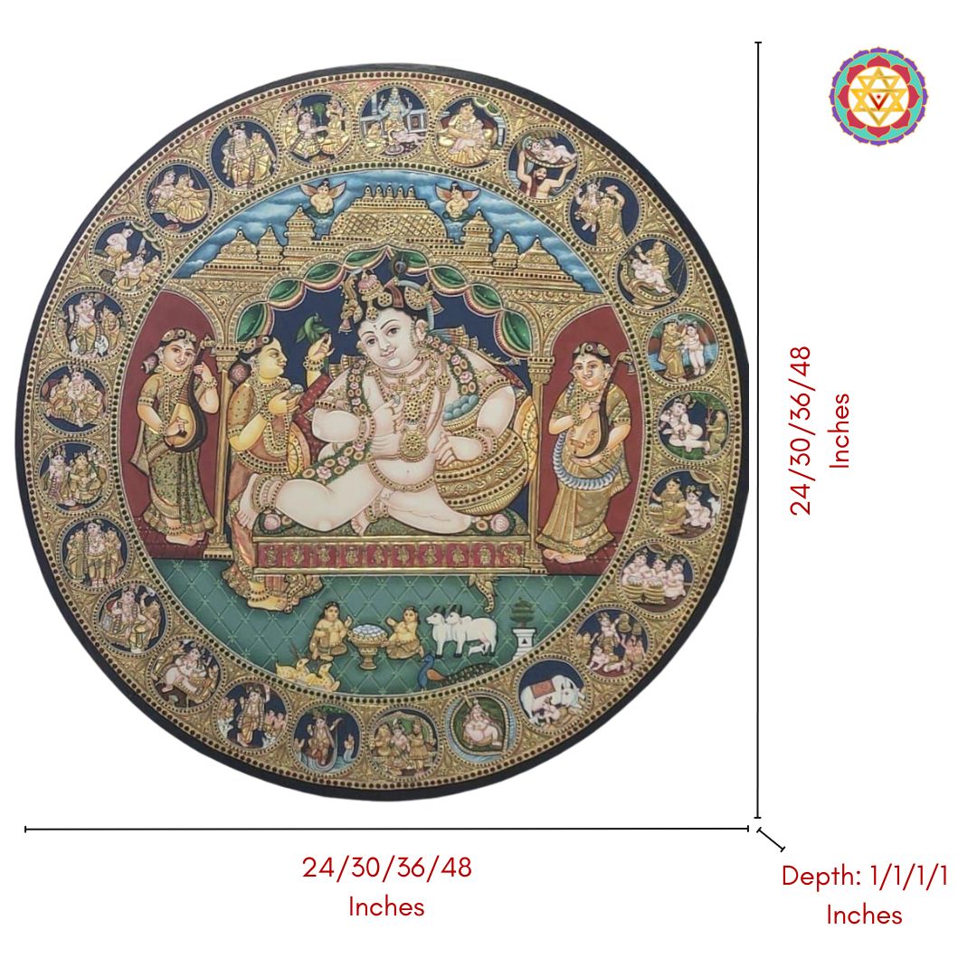 Framed round Tanjore painting krishna scene for pooja room or gallery