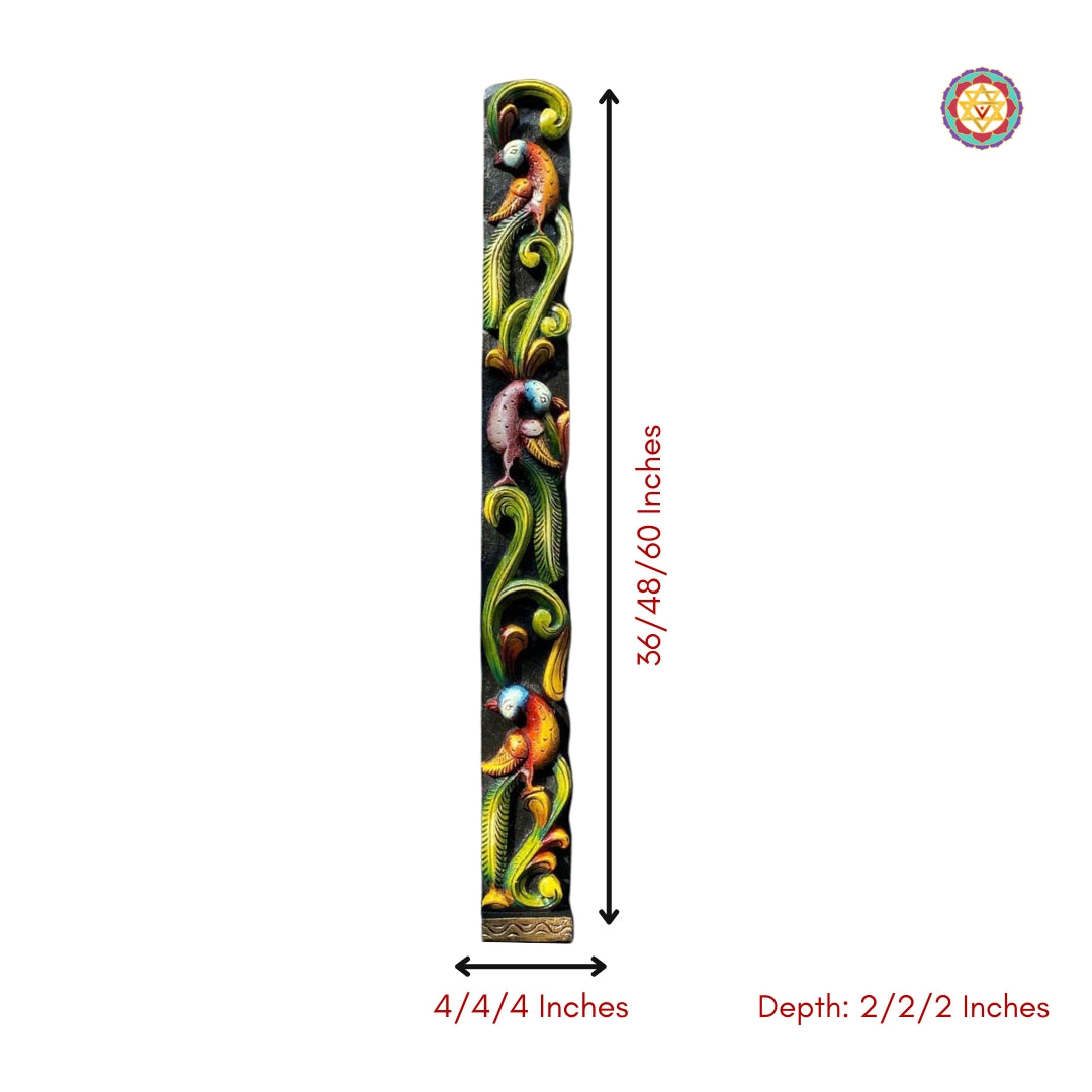 Vertical wood paneling with carved birds, vines, and florals in multicolour with size dimensions