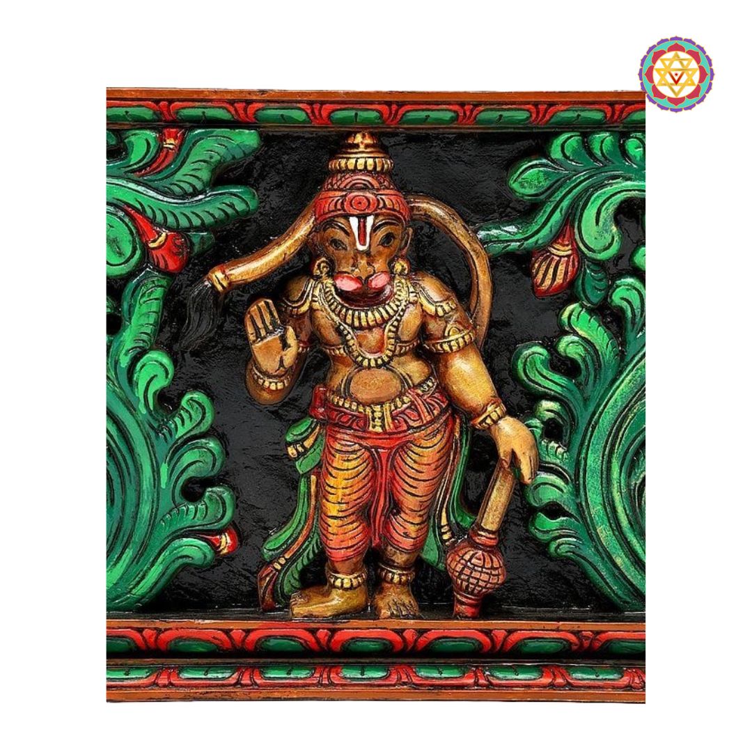 Decorative wall art with a colorful statue of a deity on a green and red background - Carved Hanuman with mace and foliage in multicolour teak panel

