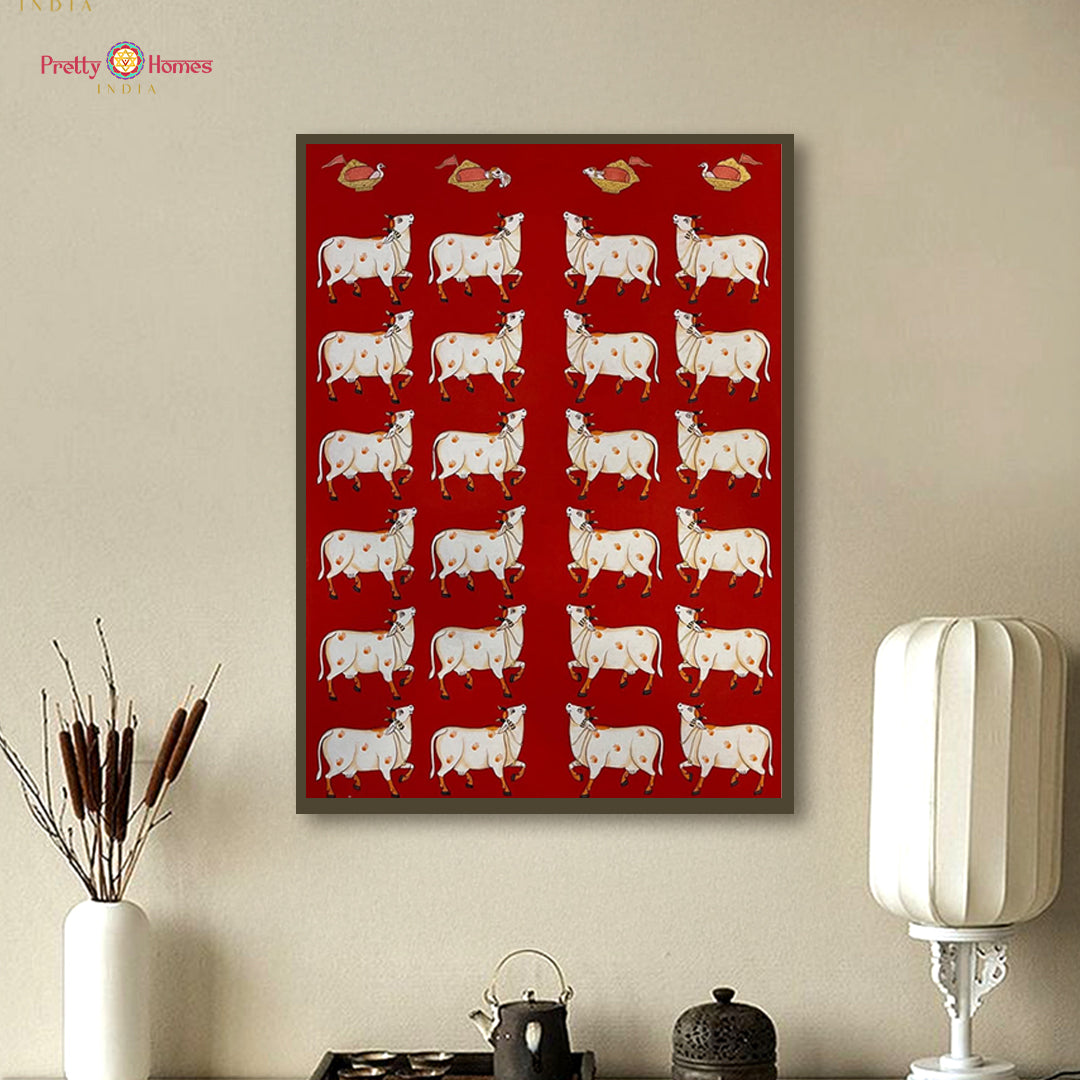 Red background version of white cow pichwai painting in contemporary style.