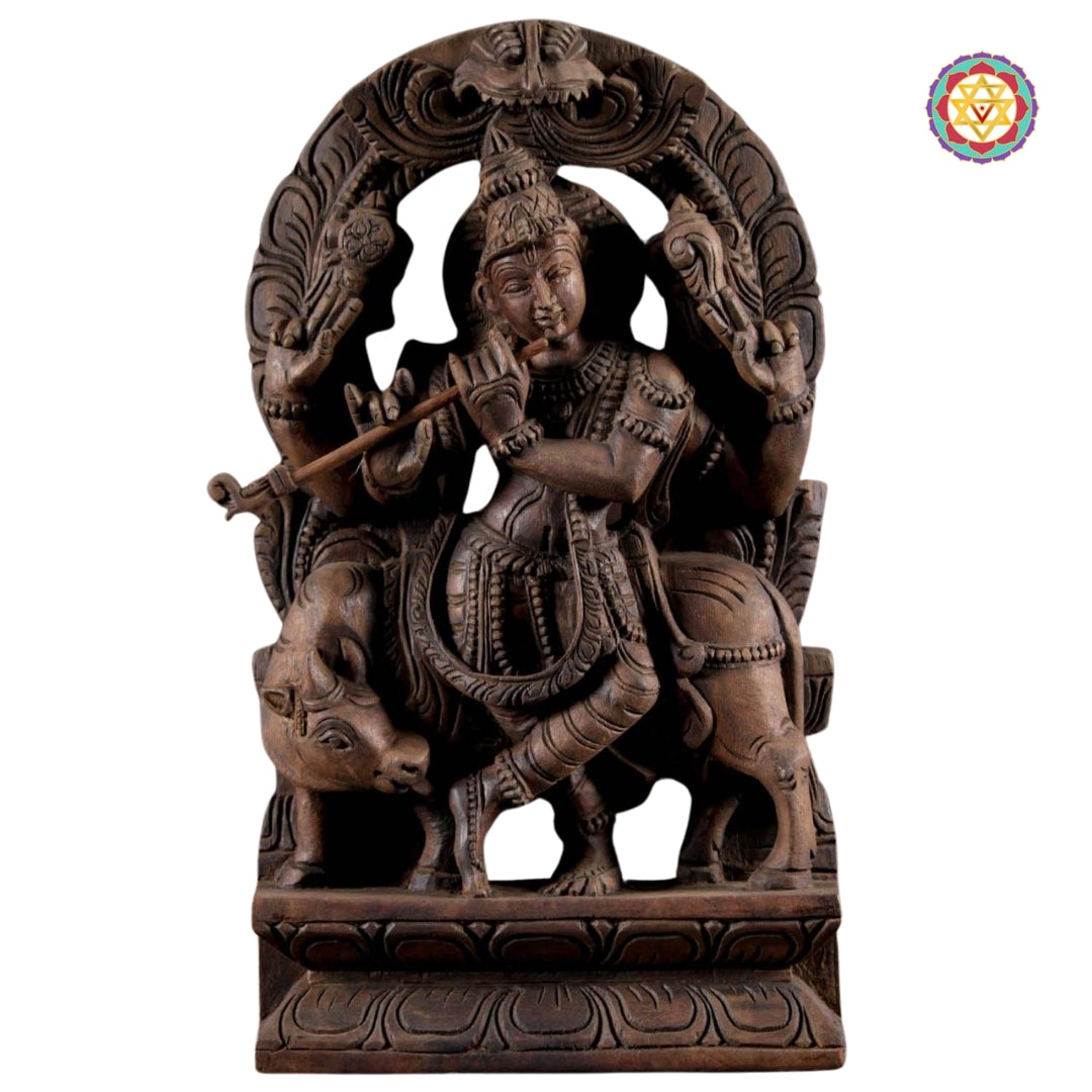 Wooden Hand Carved Lord Krishna Standing under  Cow Statue .Stand alone /wall hanging