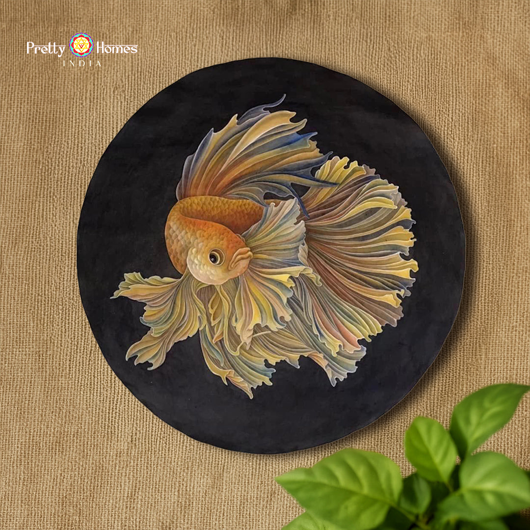 hand painted wall plate gold fish graceful gold fish with lotus accents wooden wall decor