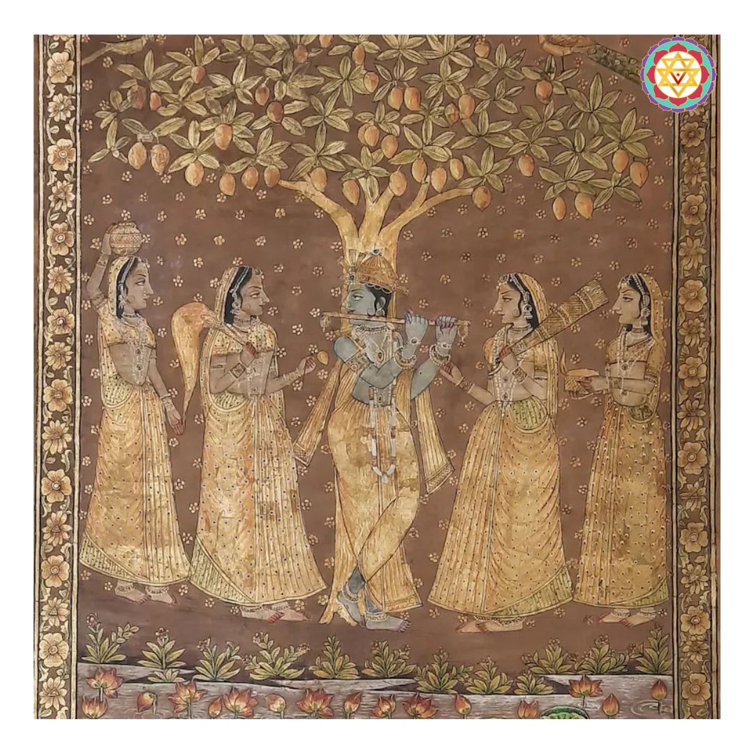 close-up showing expressive flute krishna detailing and floral borders