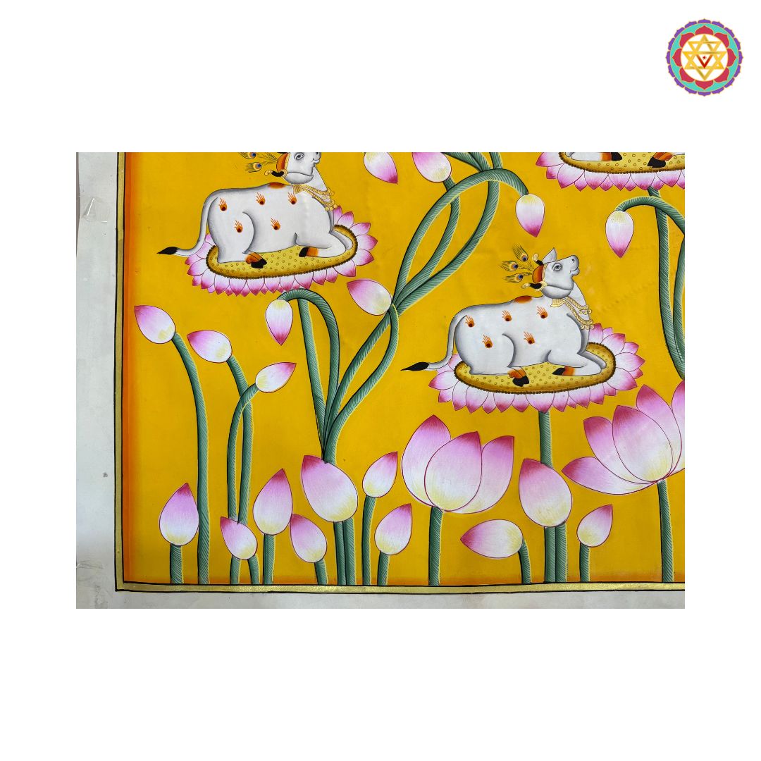 Detailed brushwork of Pichwai cows and floral elements
