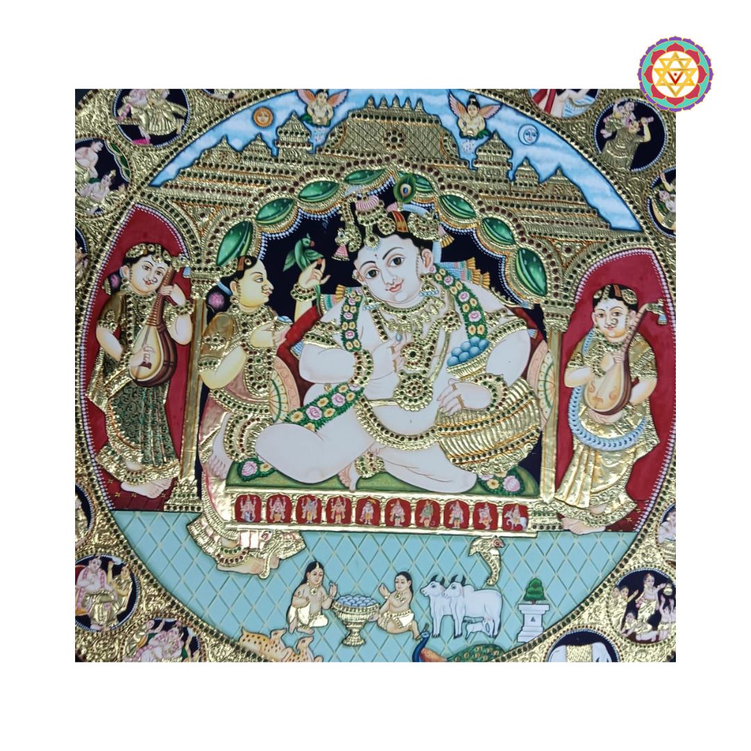 Antique tanjore art of Radha Krishna and gopis in vibrant detail
