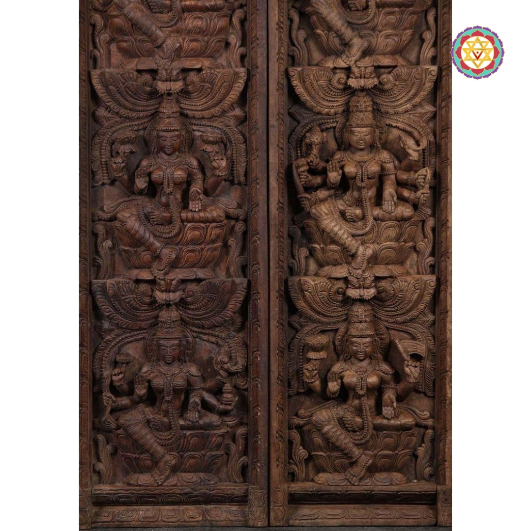 Detailed carvings of individual Lakshmi forms in panel