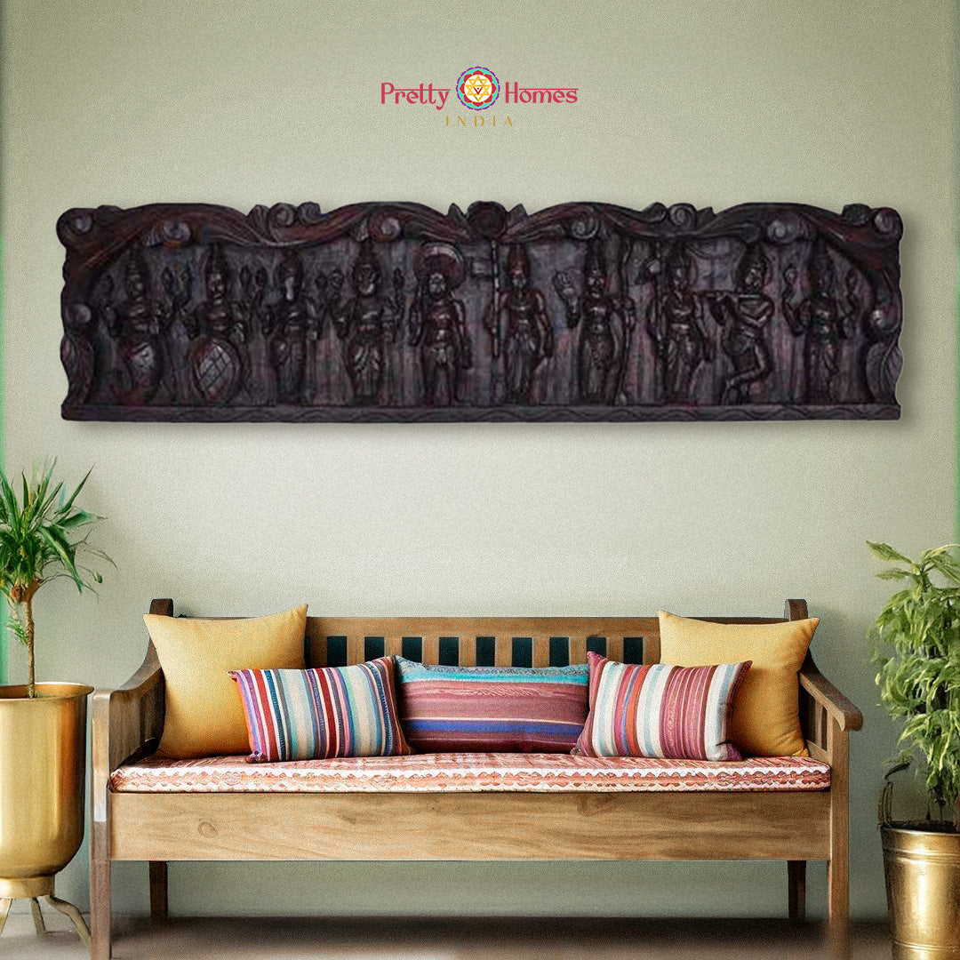 Horizontal wooden wall panels showing full Dasavatar carving
