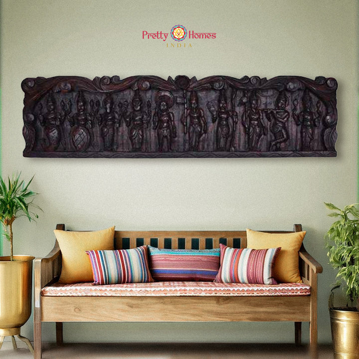 Horizontal wooden wall panels showing full Dasavatar carving