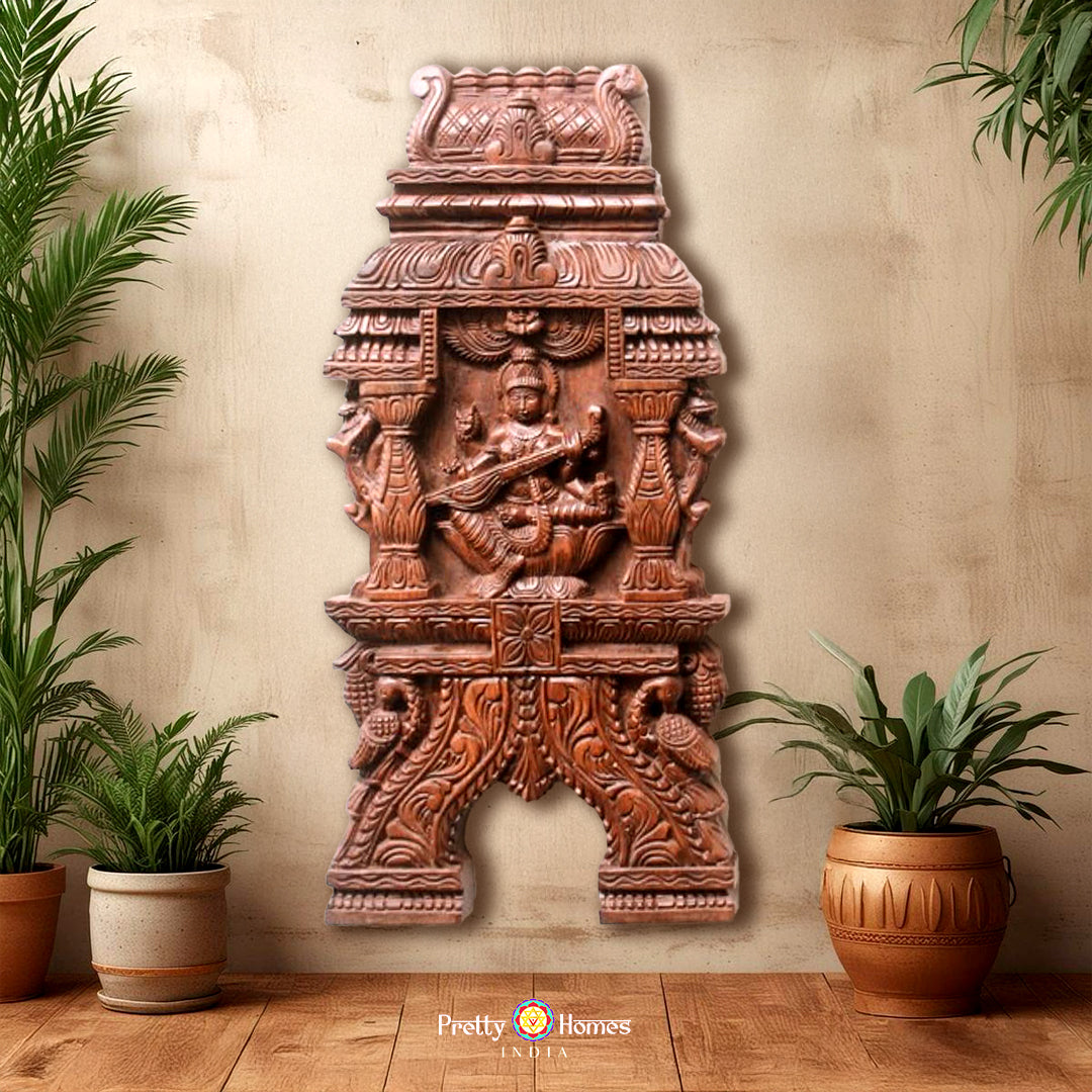 Wood carved Saraswathi /Saraswati Kavadi Panel .Wall Hanging.