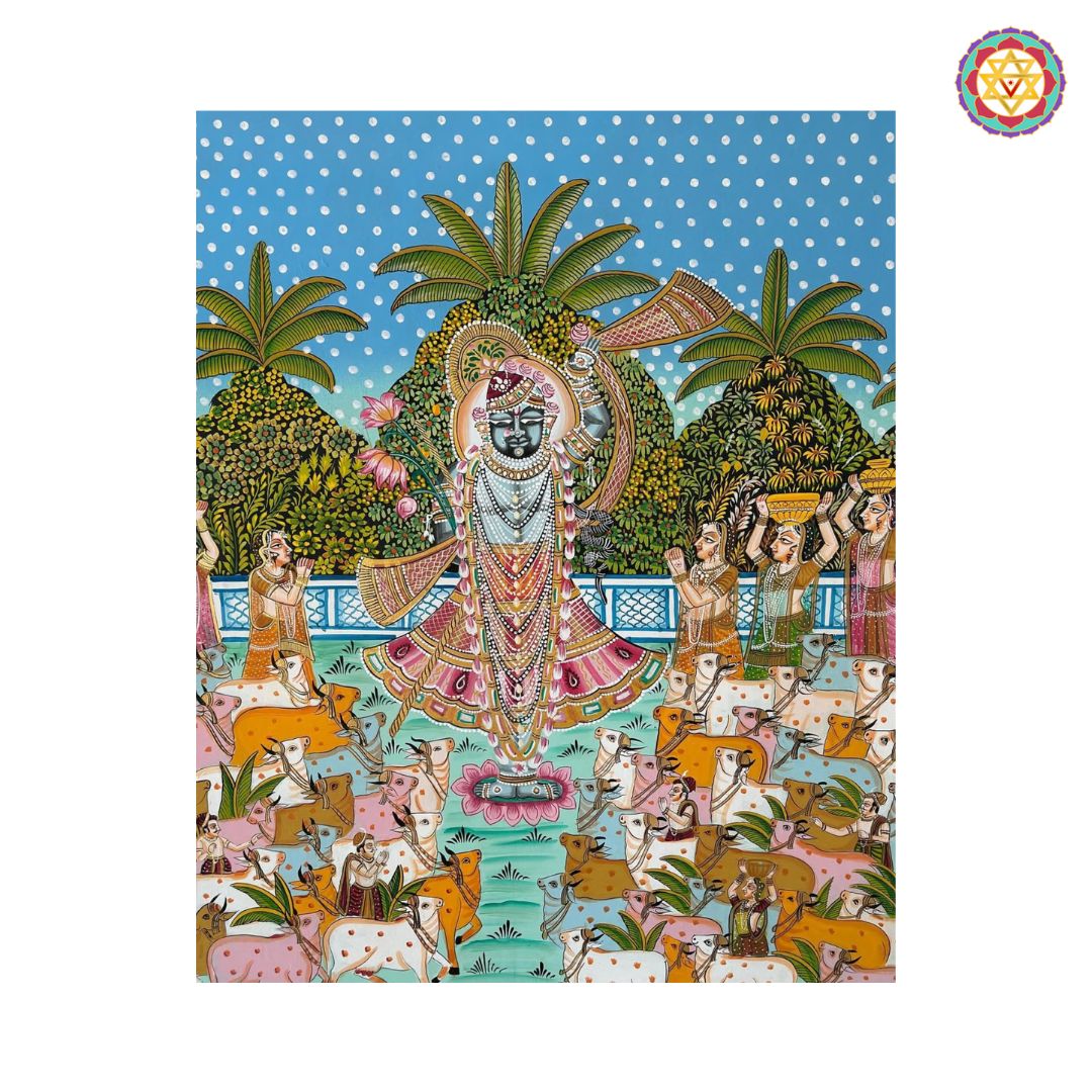 Handpainted Vintage Finish Pichwai – Shrinathji with Gopikas and Cows