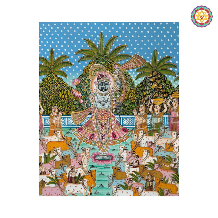 Handpainted Vintage Finish Pichwai – Shrinathji with Gopikas and Cows