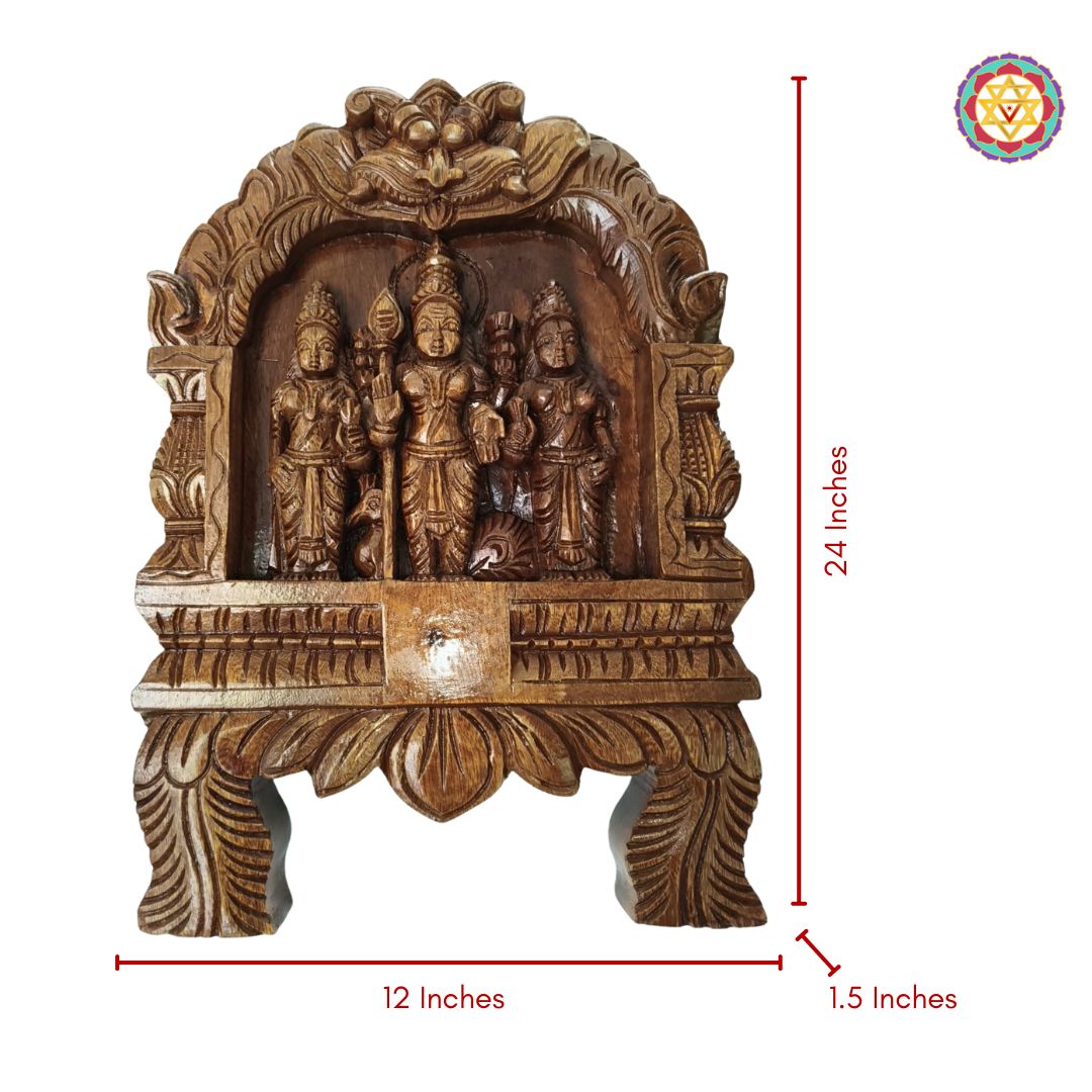 Woodcarved lord Murugan frame with yali and lotus carvings