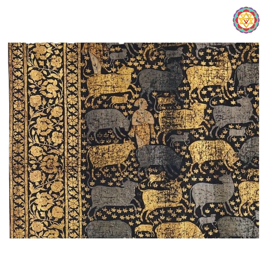 handpainted antique style pichwai cows with intricate border angled shot highlighting embroidered-look brushwork and border pattern