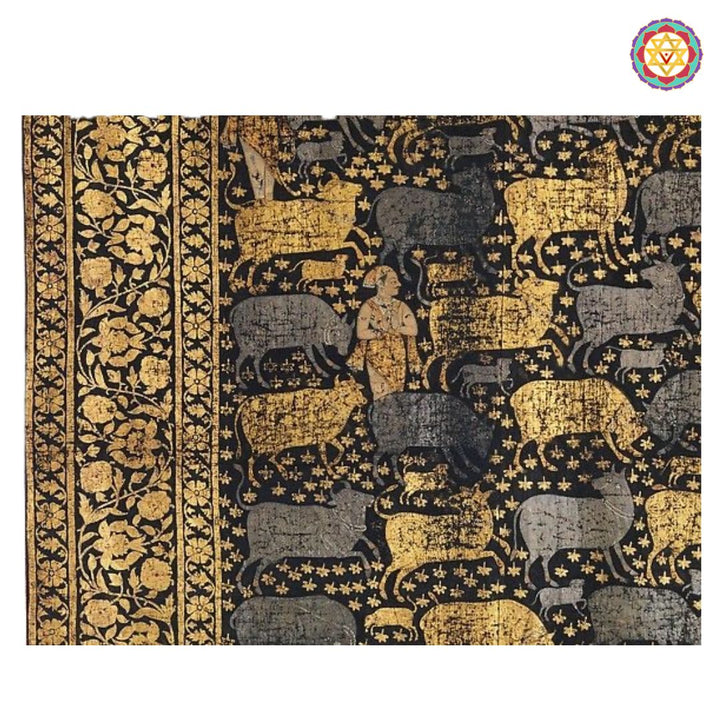 handpainted antique style pichwai cows with intricate border angled shot highlighting embroidered-look brushwork and border pattern