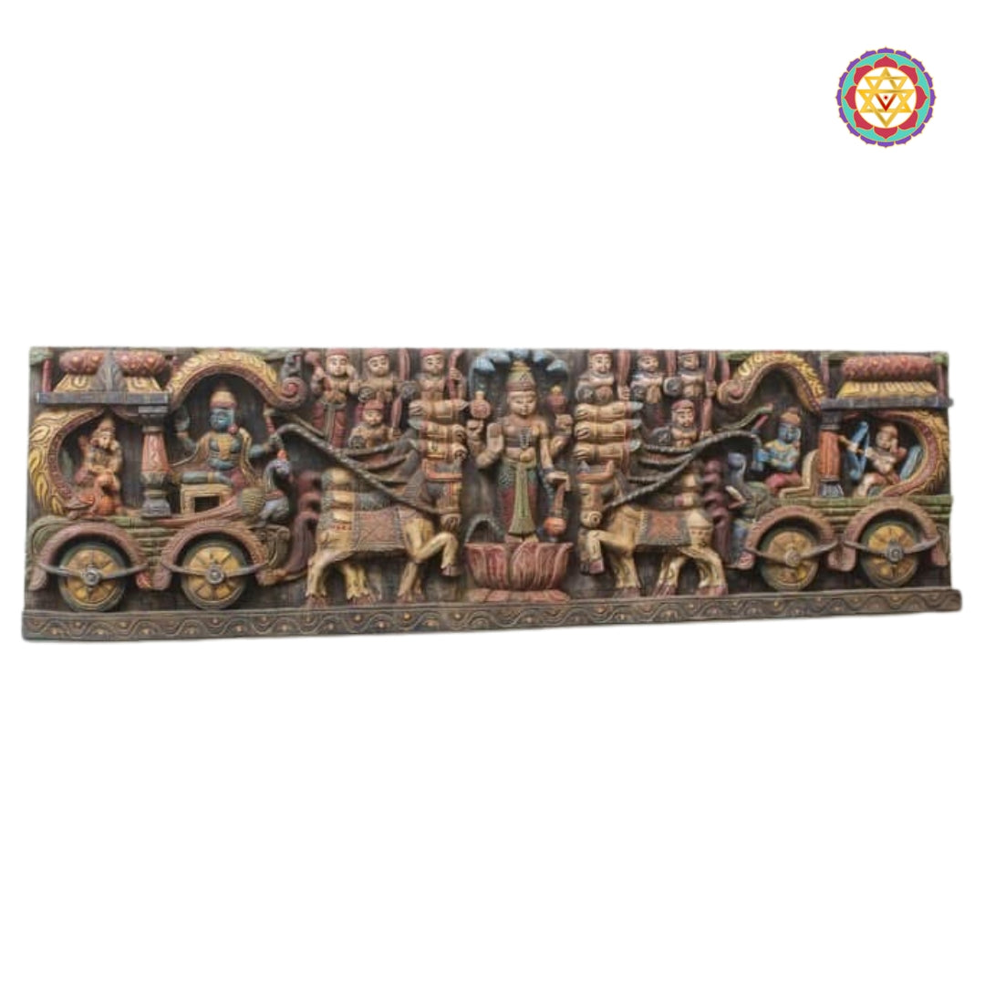 Multicolour wooden wall panel showing Mahabharata battle scene