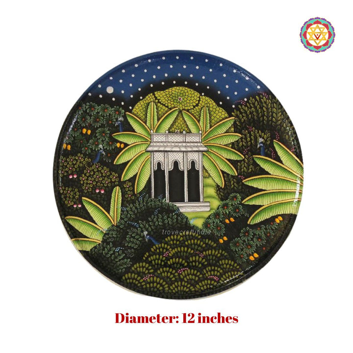 Hand painted pichwai design wall plate showing a pavilion under a night sky