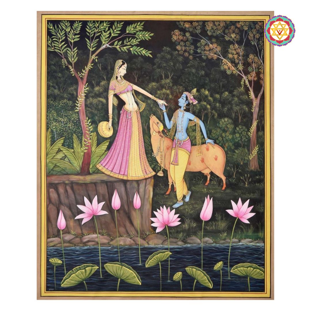 Hand-painted pichwai painting of Krishna and Radha with cow, surrounded by lotus flowers and forest.






